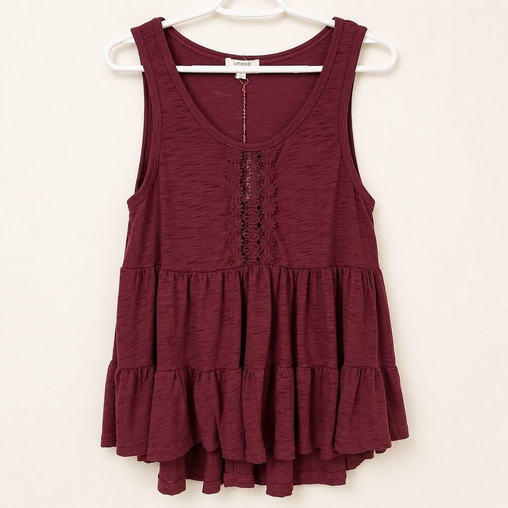 Burgundy Tiered Babydoll Tank Top Women’s M Umgee Crochet Lace New